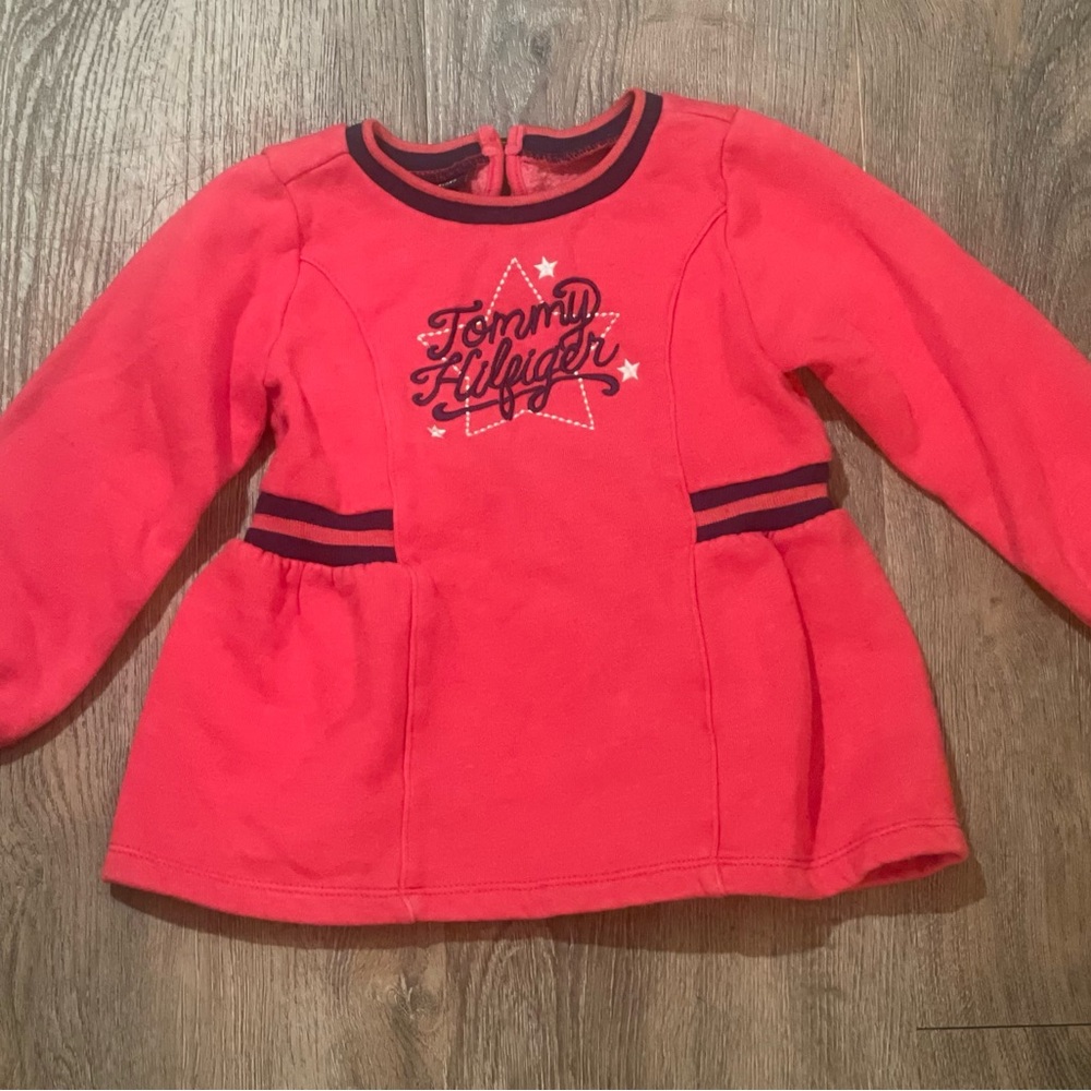 Vintage Early 2000s Tommy Hilfiger Baby Girl Sweatshirt Dress 24M Red Logo Y2K